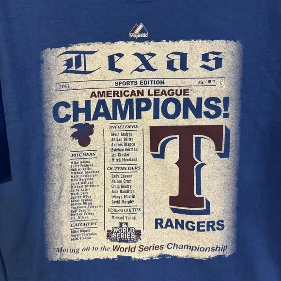Majestic T-Shirt Men's Blue L 2011 Texas Rangers AL Champions Cotton Tee - Picture 2 of 7